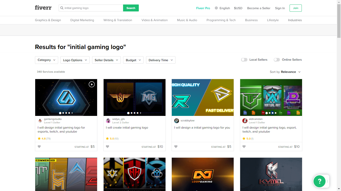 Fiverr screenshot - initial gaming logo designers