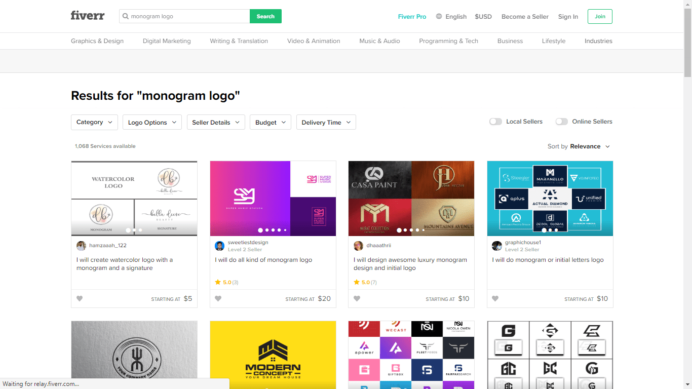 Fiverr screenshot - monogram logo designers