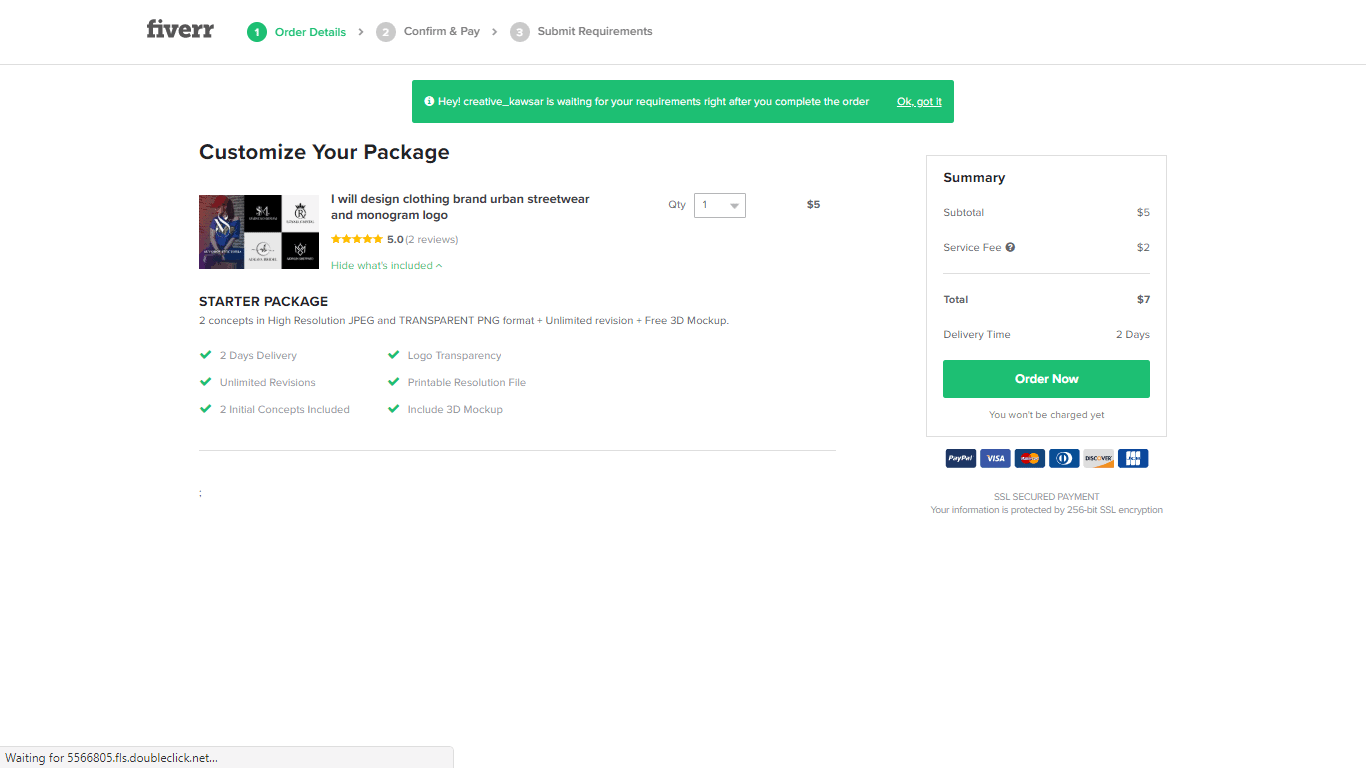 Fiverr screenshot - Customize Your Package