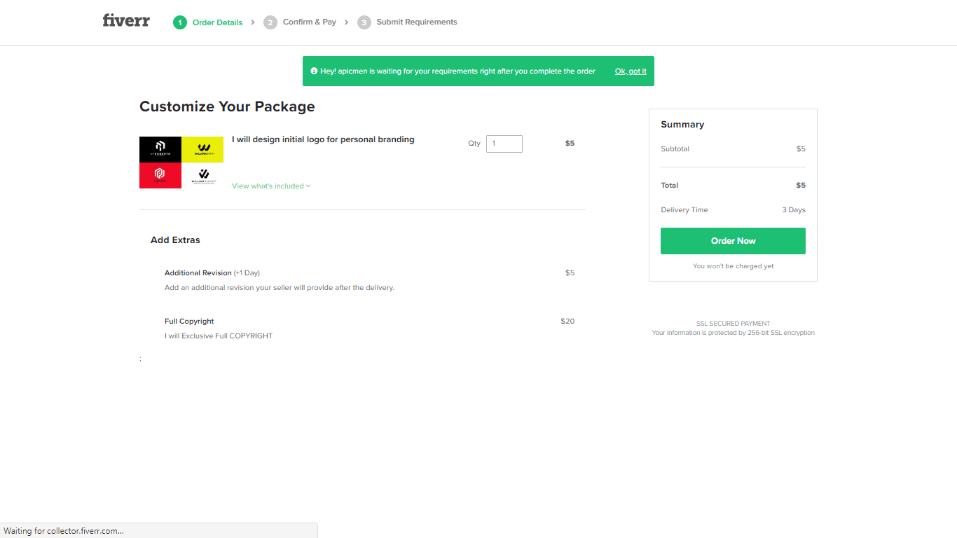 Fiverr screenshot - Customize Your Package