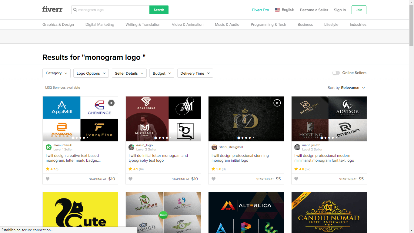 Fiverr screenshot - monogram logo designers