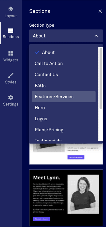 Content section options on Leadpages editor