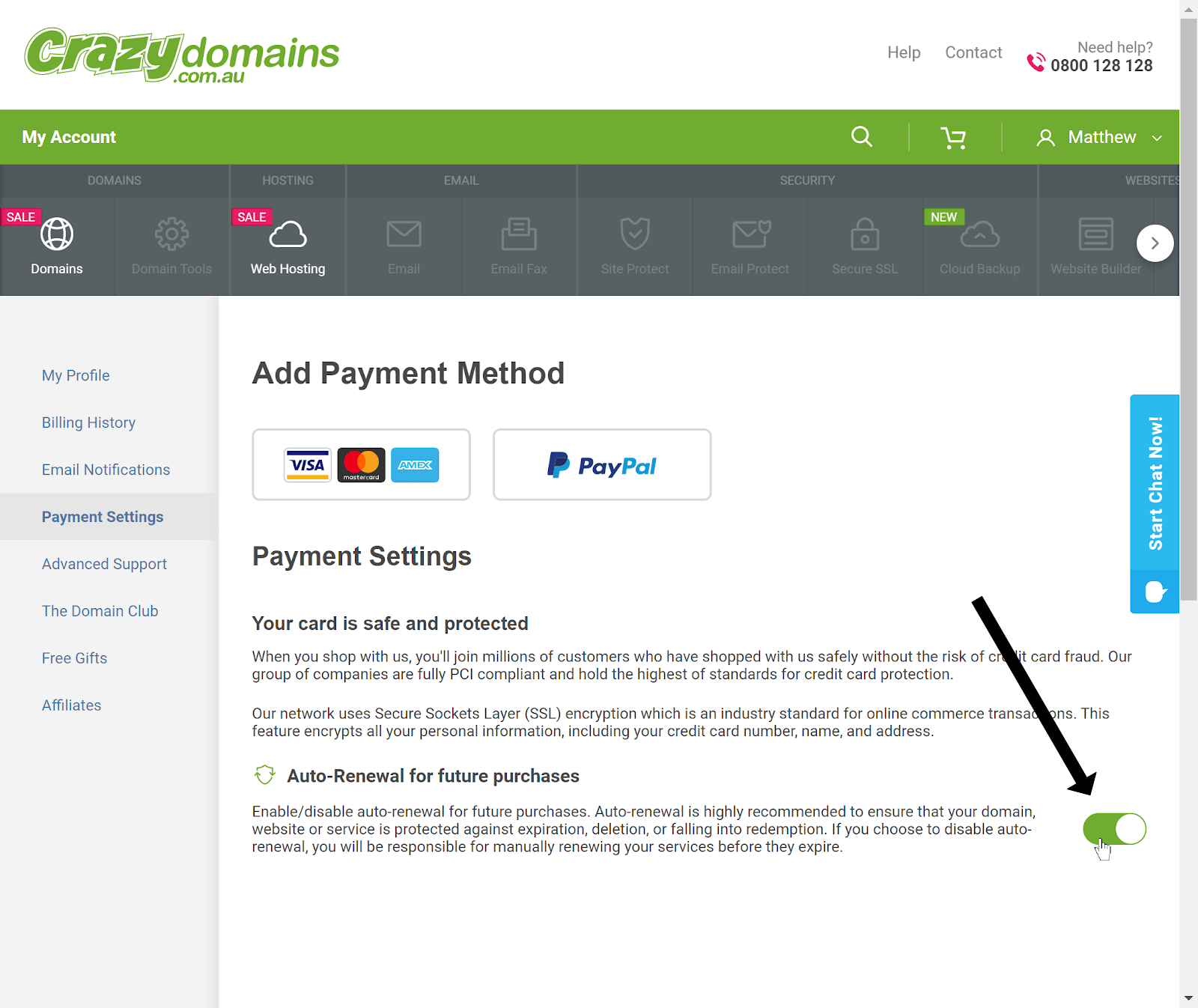 the payments settings screen