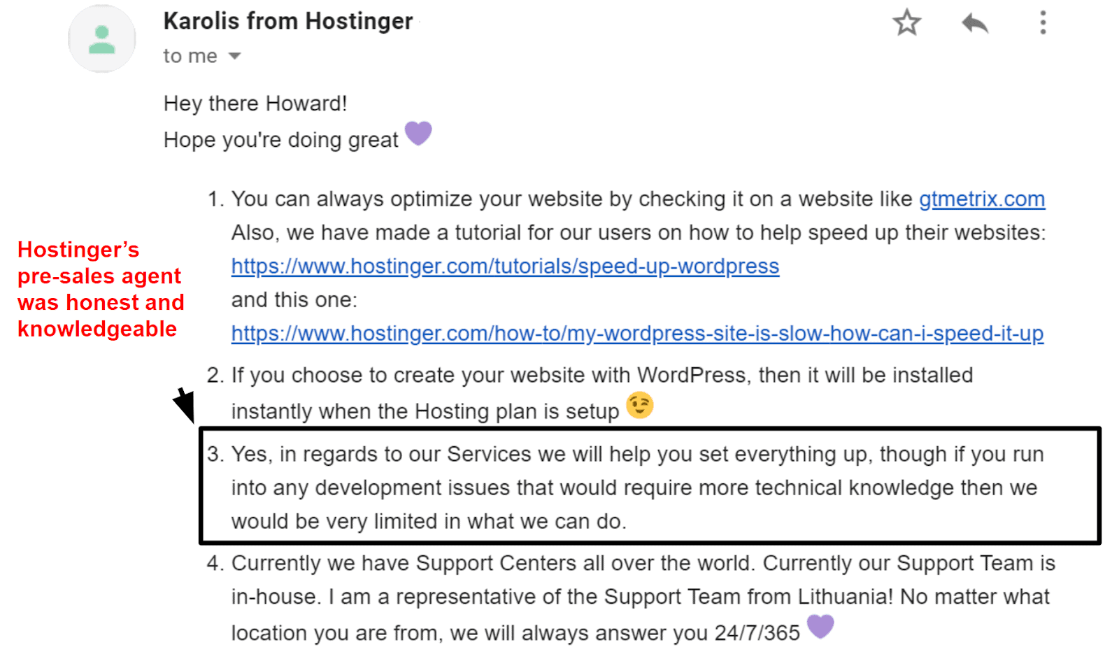 Hostinger pre-sales email support