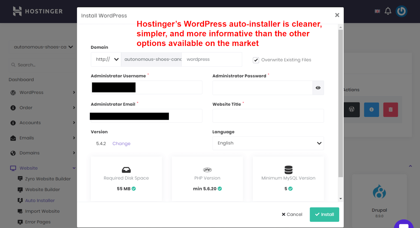  Hostinger WordPress auto installer