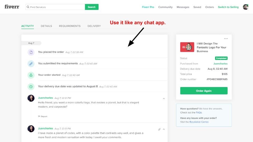 Fiverr's messaging system