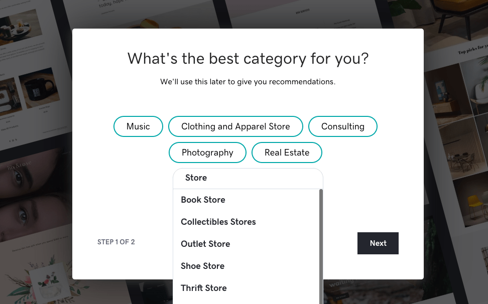 GoDaddy category selection menu