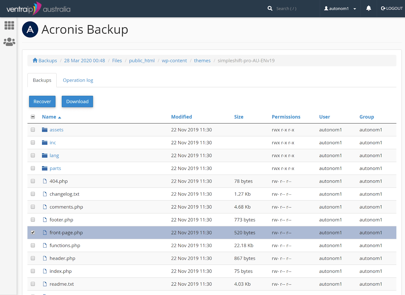 The Acronis backup tool