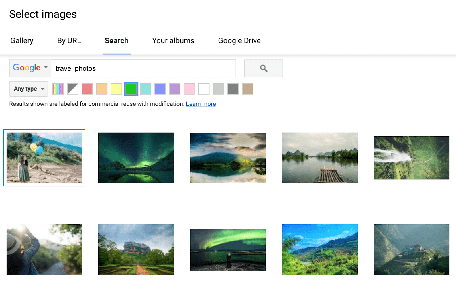 Google Sites built-in image search with color filter