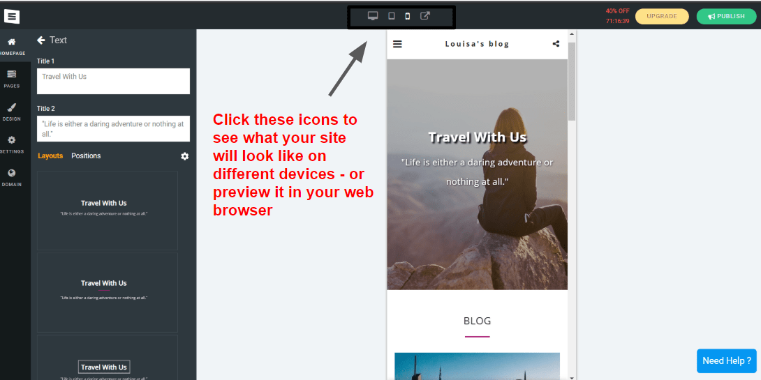 SITE123 website editor - mobile device view