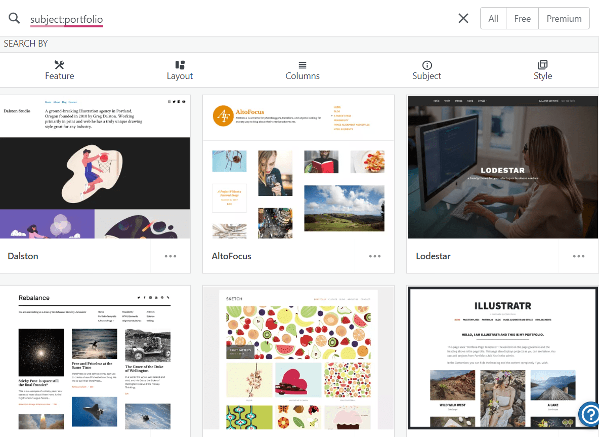 WordPress.com's website theme search function.