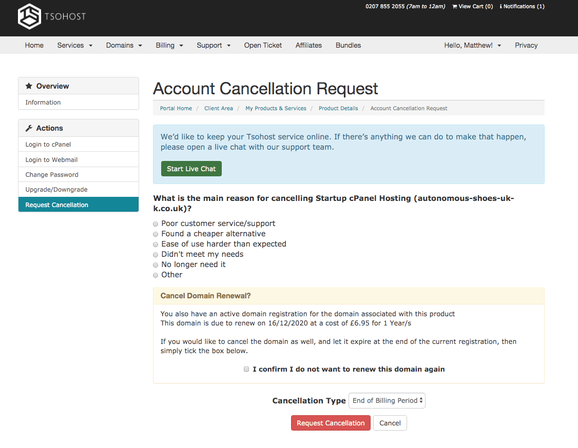 TsoHost has a simple cancelation form