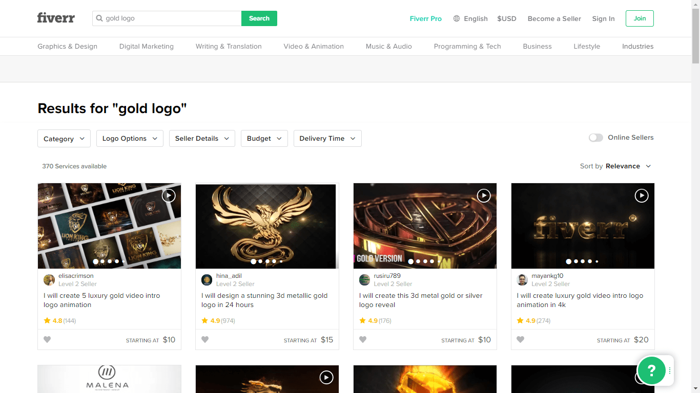 Fiverr screenshot - gold logo designers