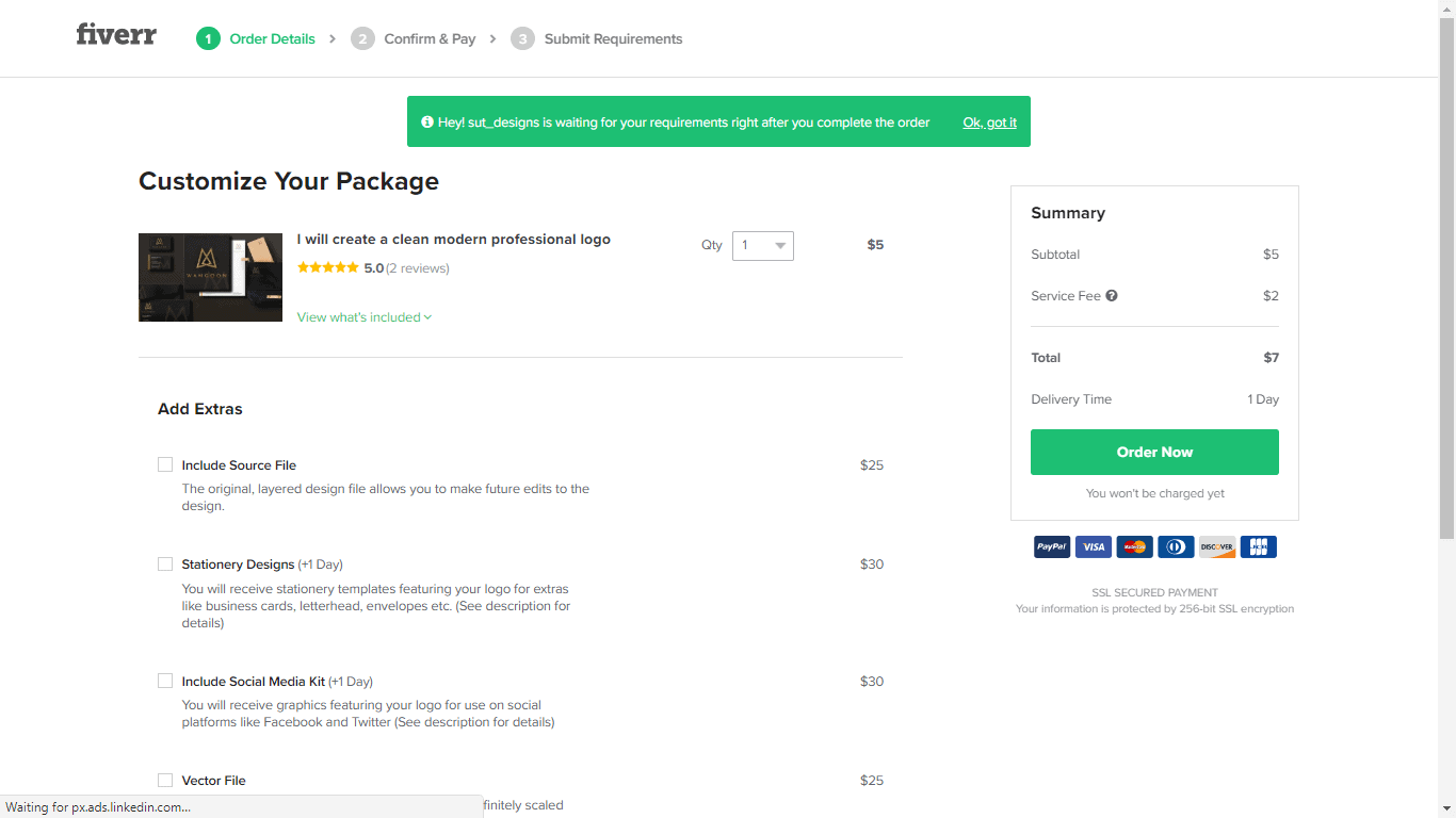 Fiverr screenshot - Customize Your Package