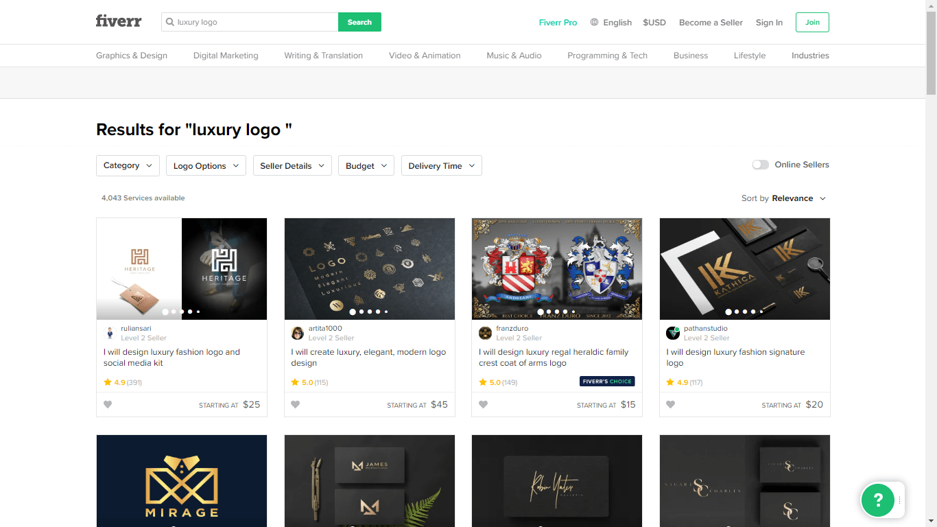 Fiverr screenshot - luxury logo designers