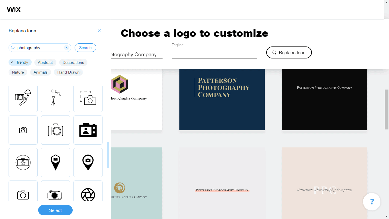 Wix Logo Maker screenshot - photography icons