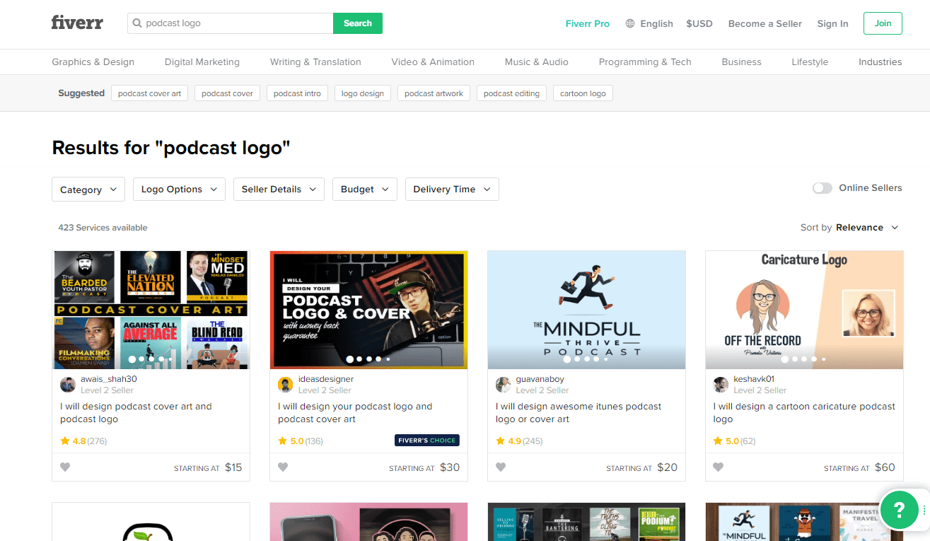 Fiverr screenshot - podcast logo designers