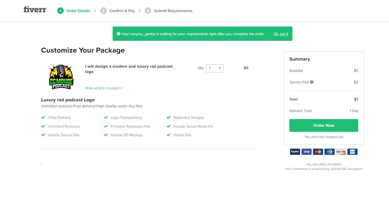 Fiverr screenshot - Customize Your Package