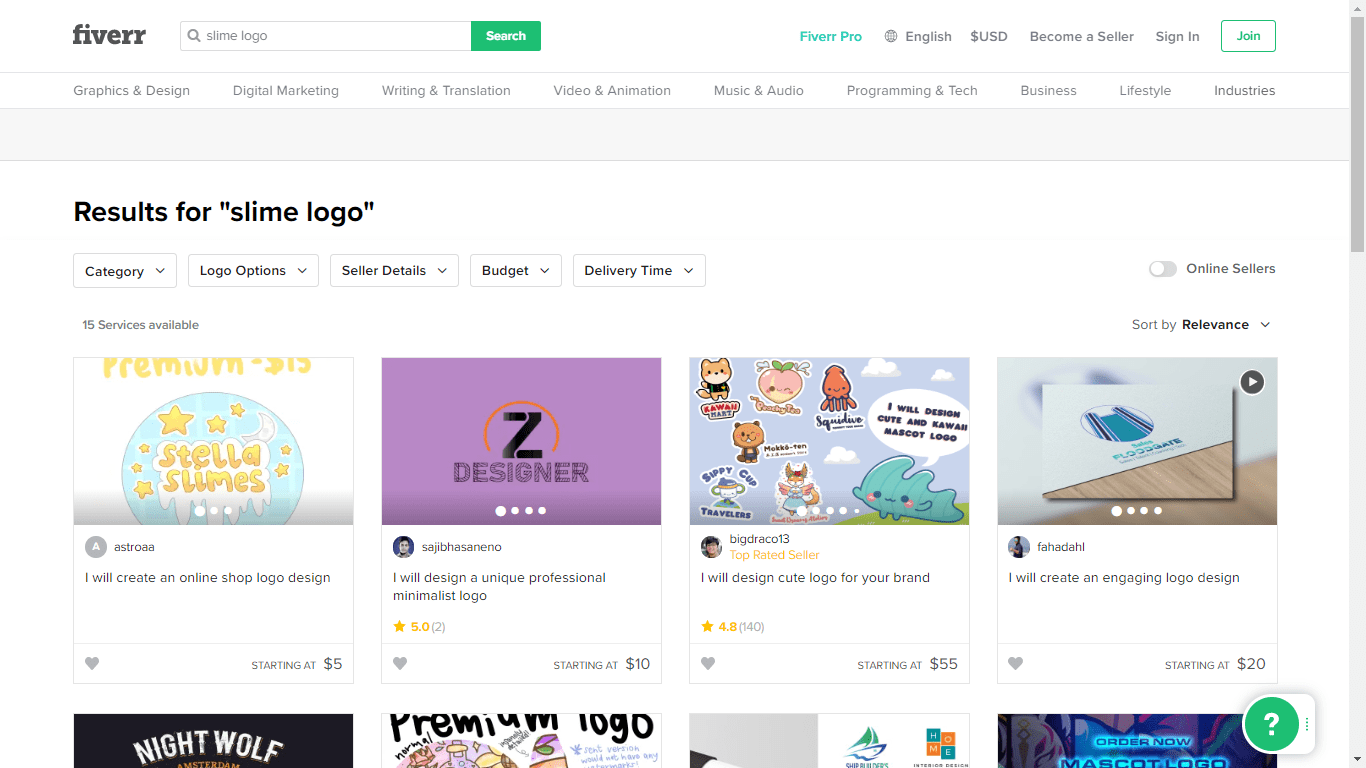 Fiverr screenshot - slime logo designers