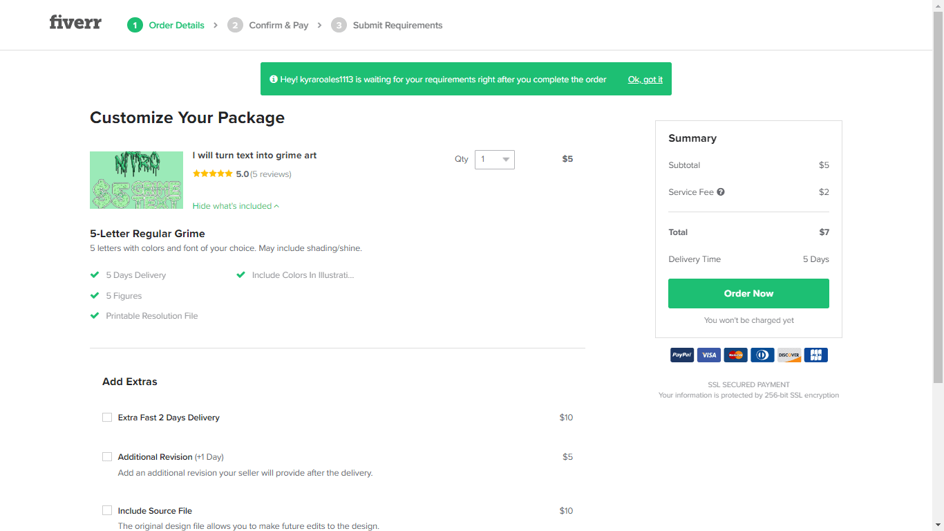 Fiverr screenshot - Customize Your Package