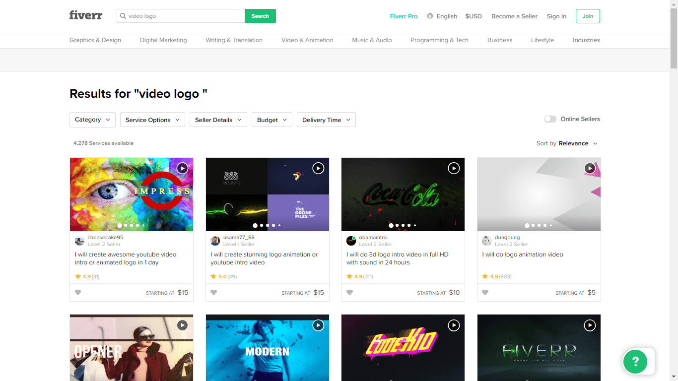 Fiverr screenshot - video logo designers