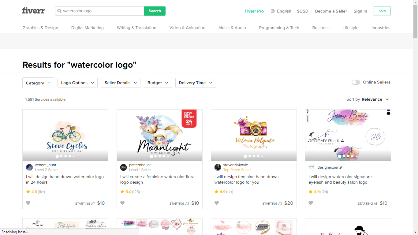 Fiverr screenshot - watercolor logo designers