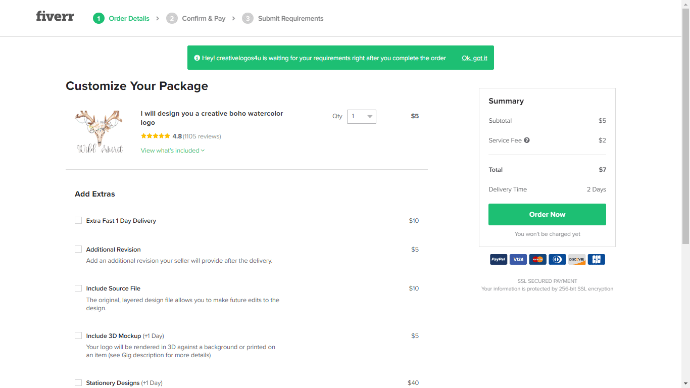 Fiverr screenshot - Customize Your Package