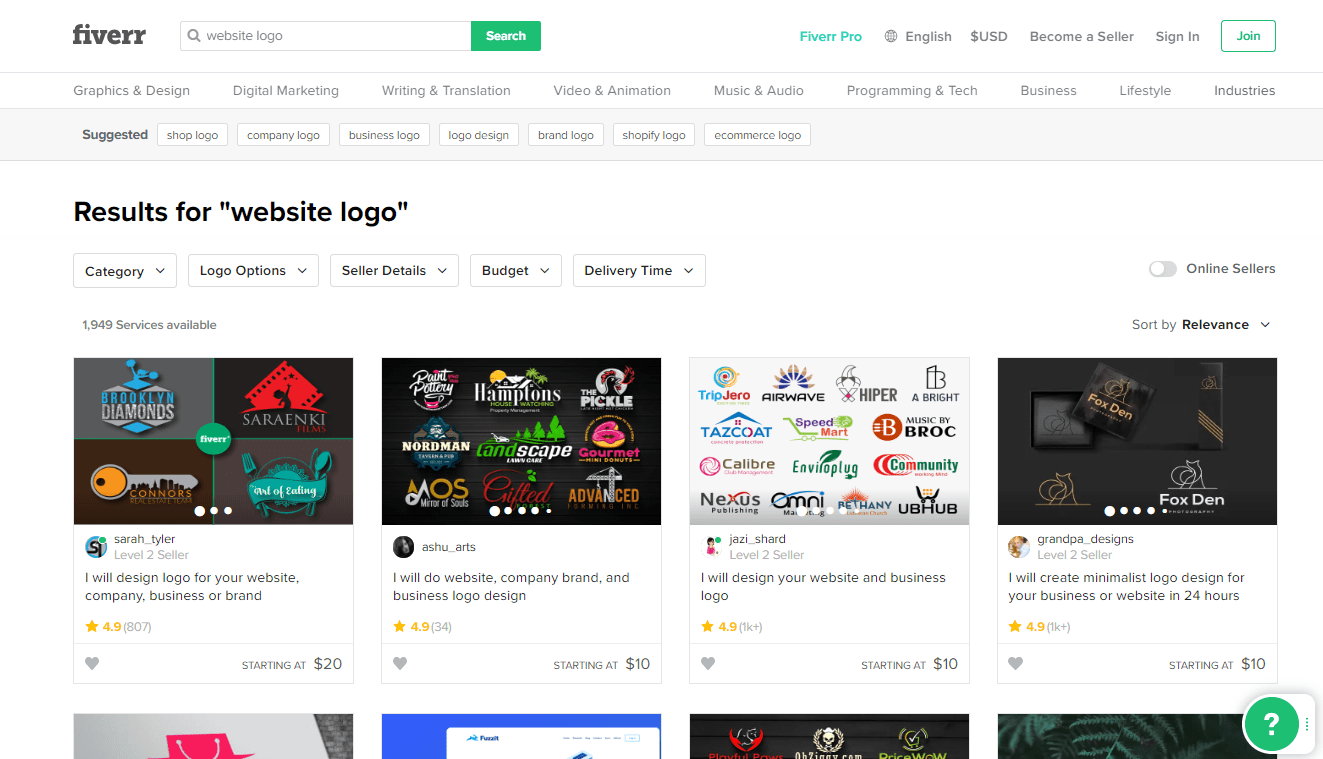 Fiverr screenshot - website logo designers