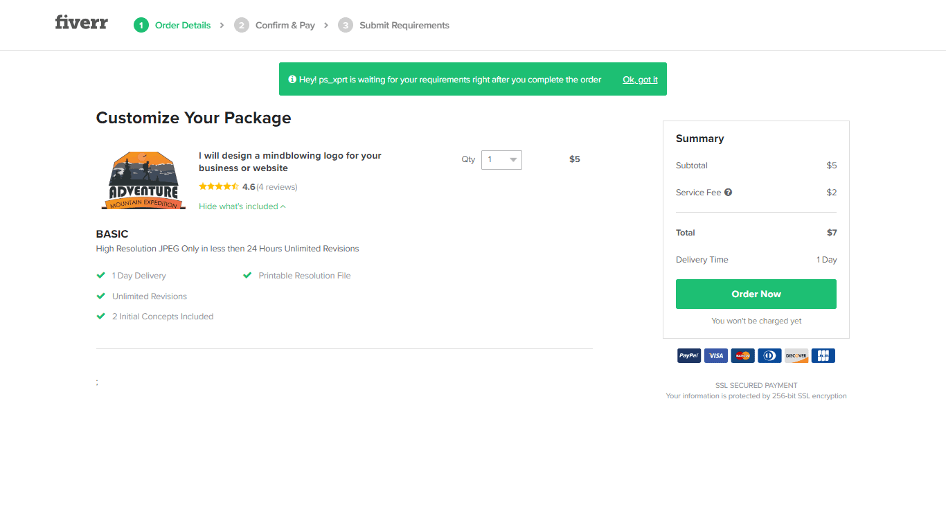 Fiverr screenshot - Customize Your Package