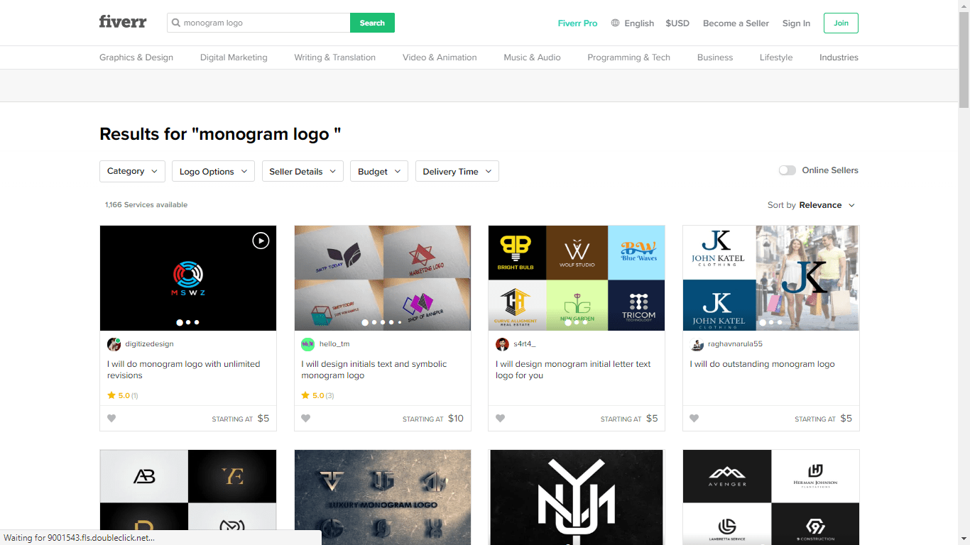 Fiverr screenshot - monogram logo designers