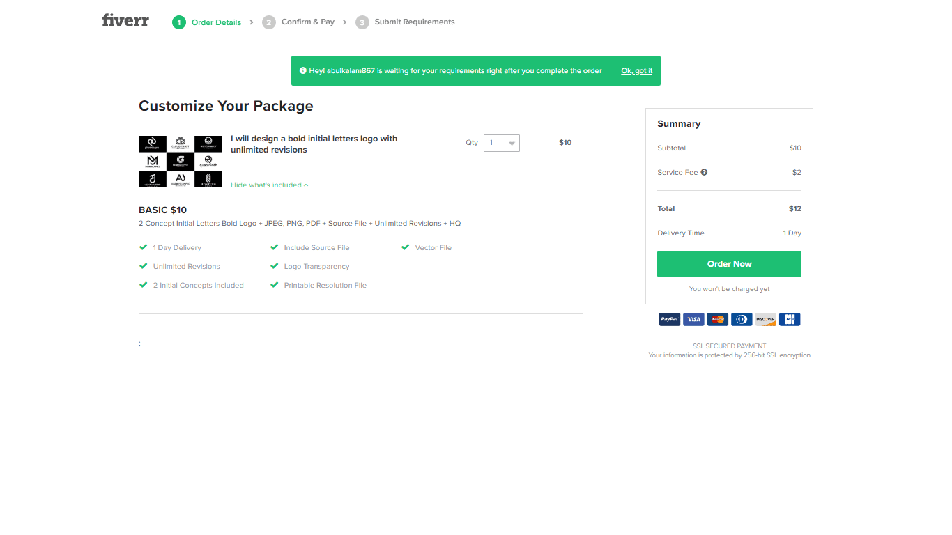 Fiverr screenshot - Customize Your Package