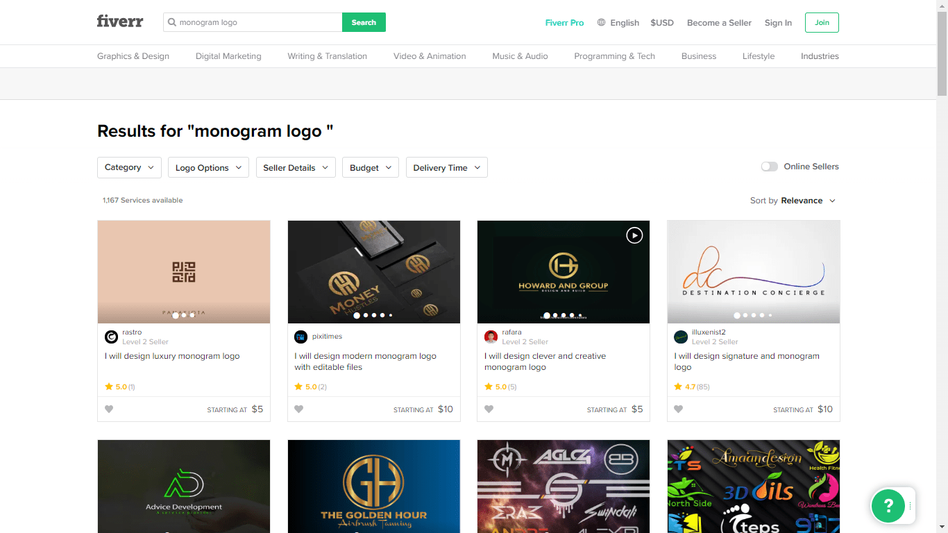 Fiverr screenshot - monogram logo designers