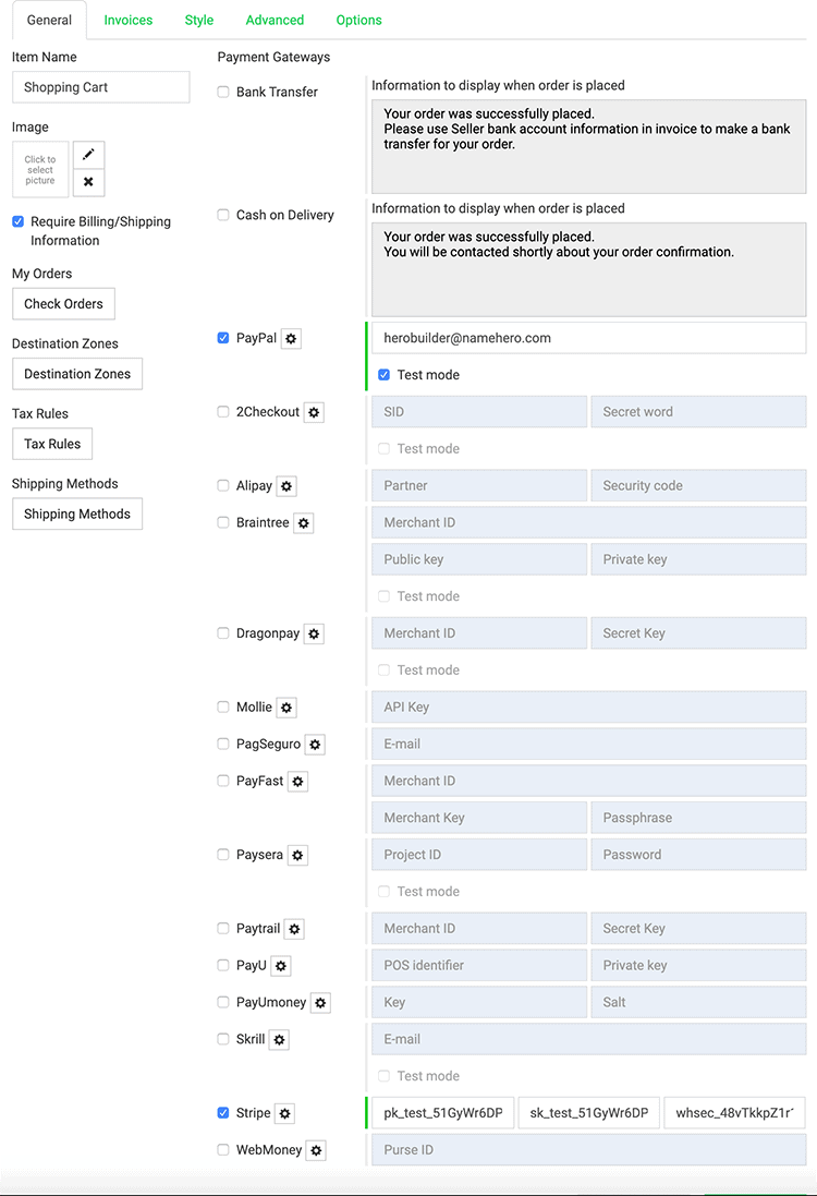 HeroBuilder ecommerce config