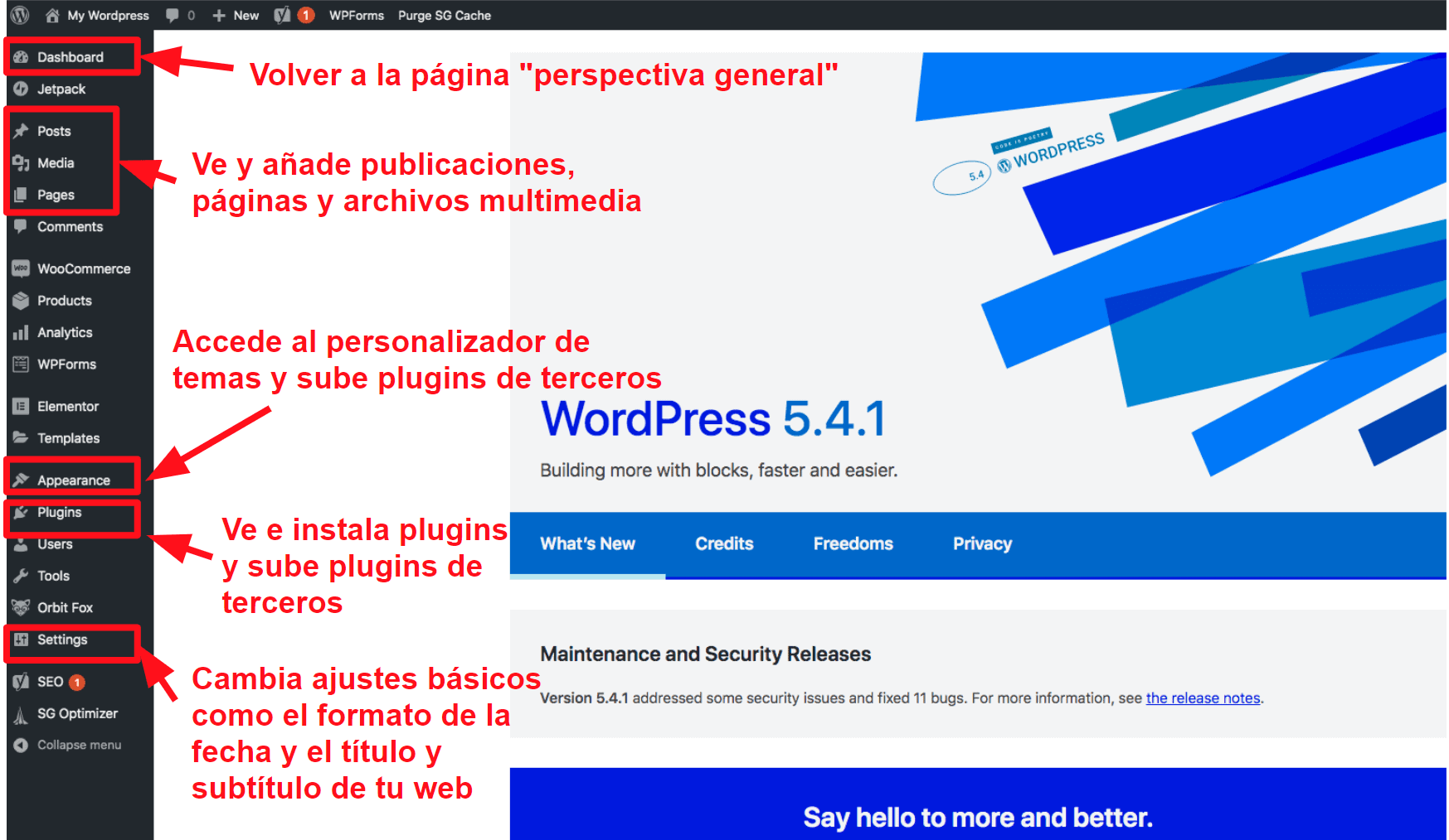 The WordPress dashboard ES16