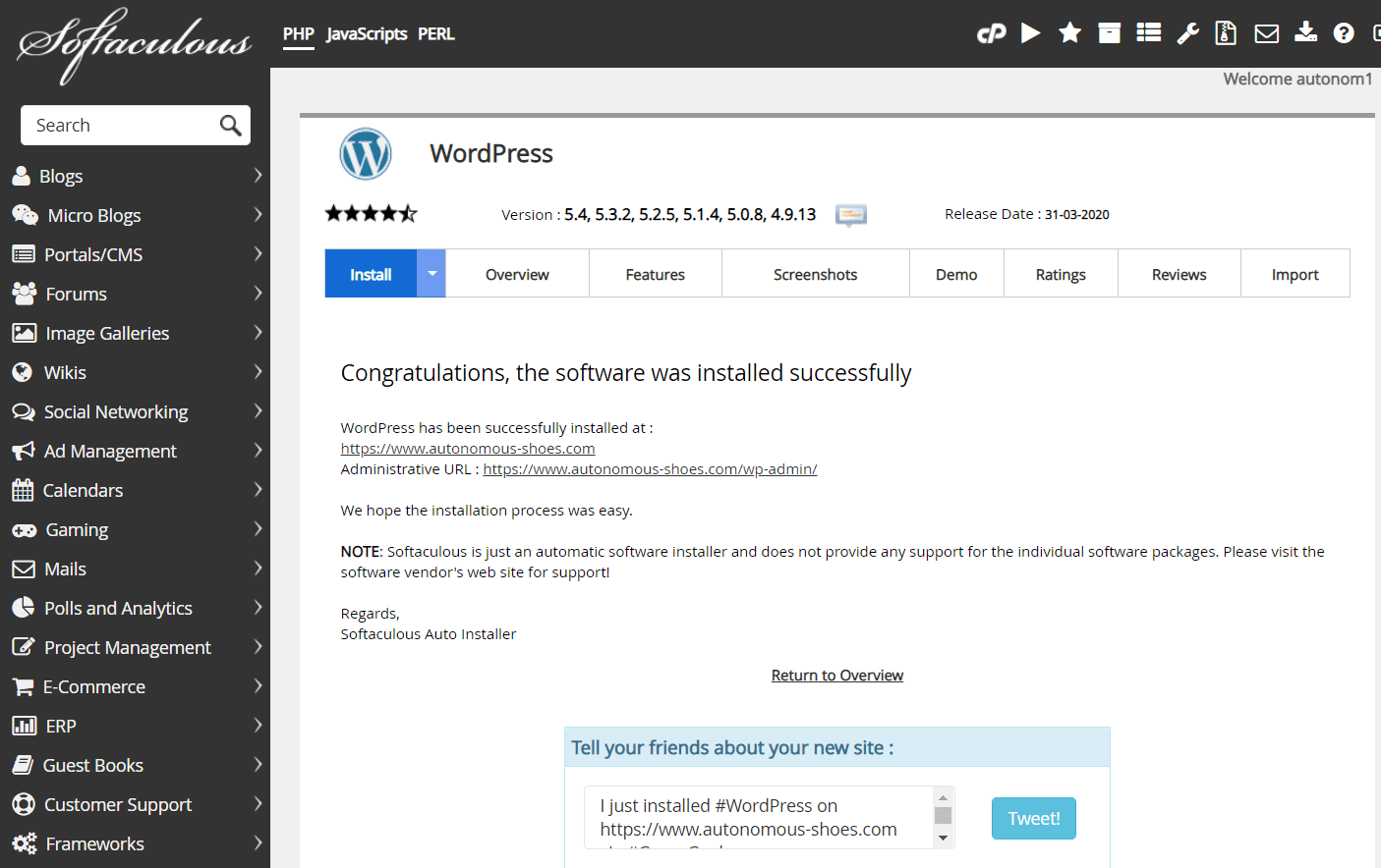 a successful WordPress installation