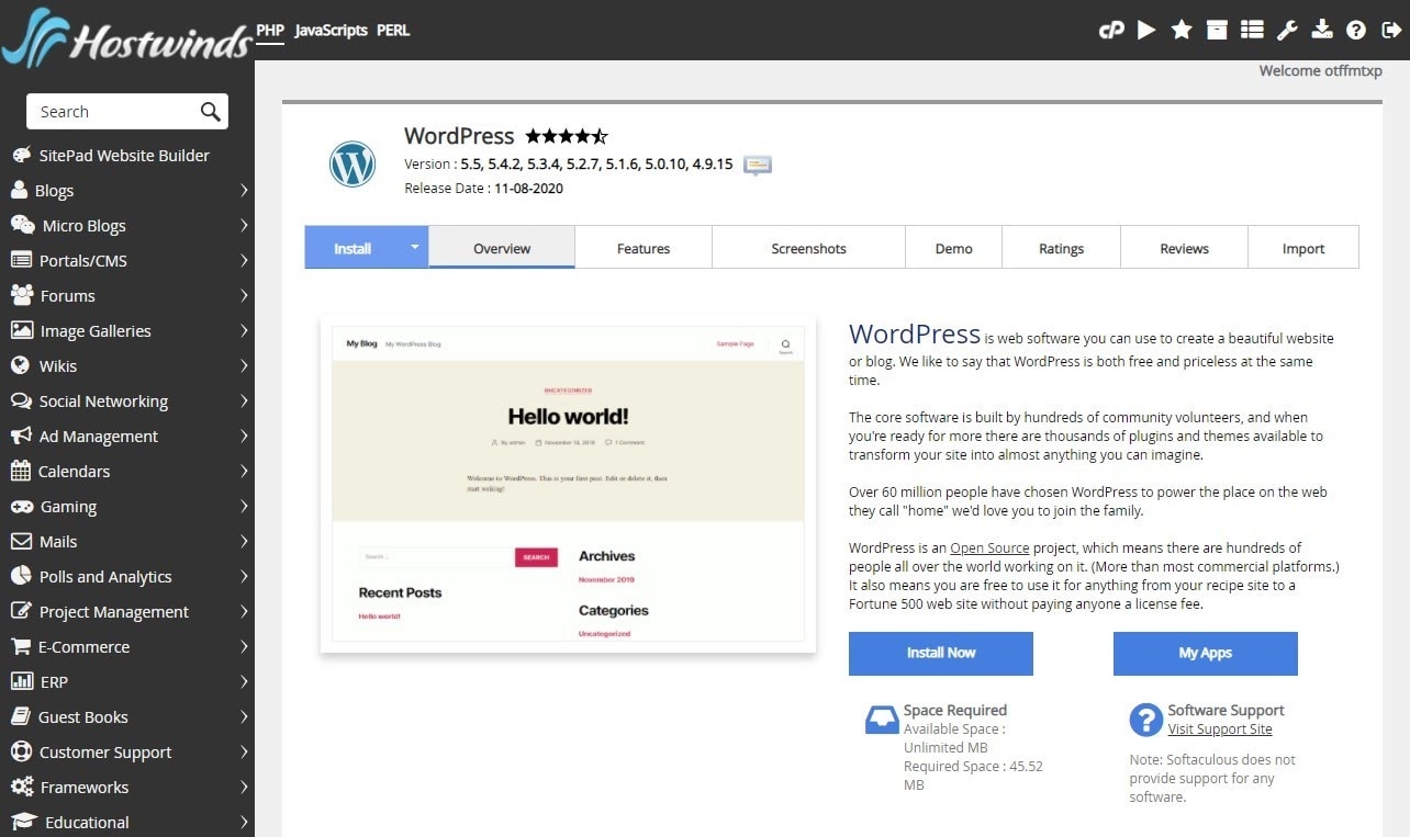 Softaculous WordPress installation