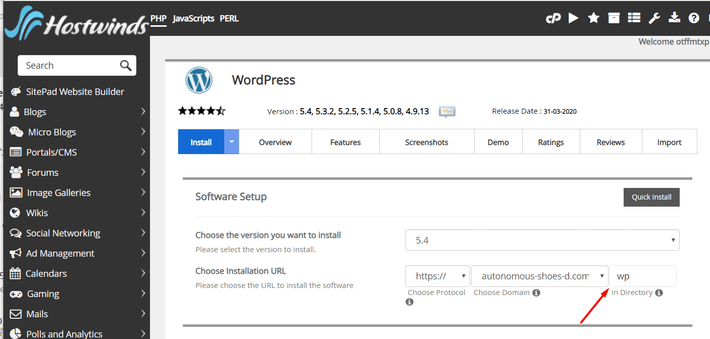 WordPress installation details