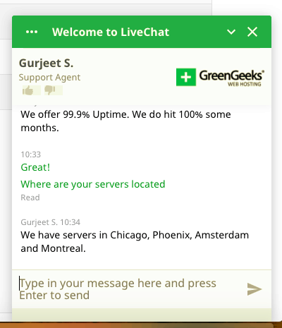 GreenGeeks' live chat support