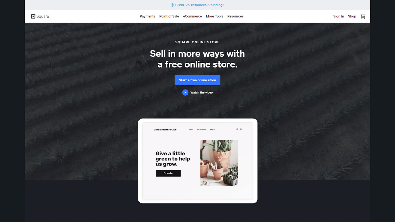 Square's site builder sign-up page