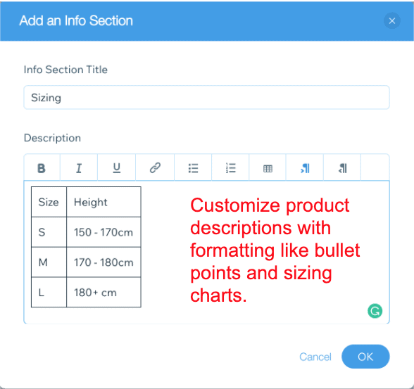 Product description customization options - Wix