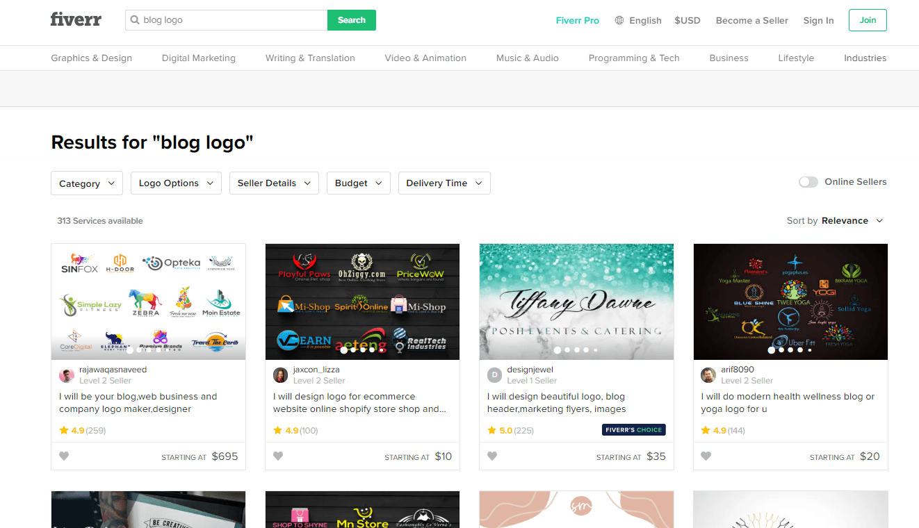 Fiverr screenshot - Blog logo designers
