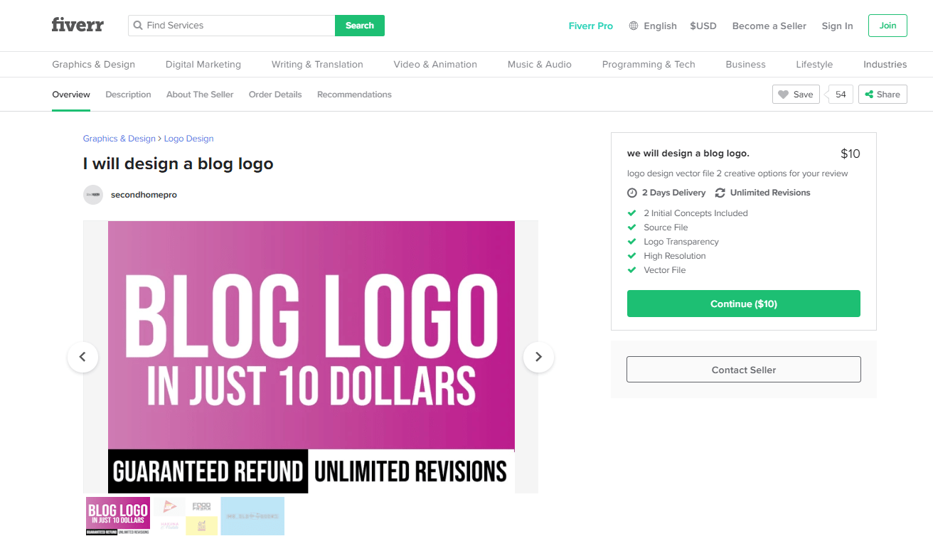 Fiverr screenshot - Package overview