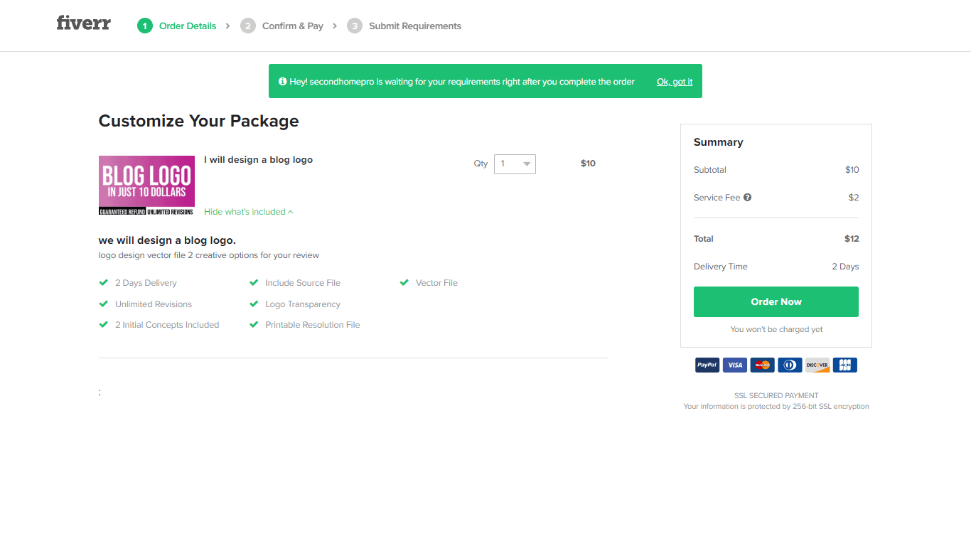 Fiverr screenshot - Order now