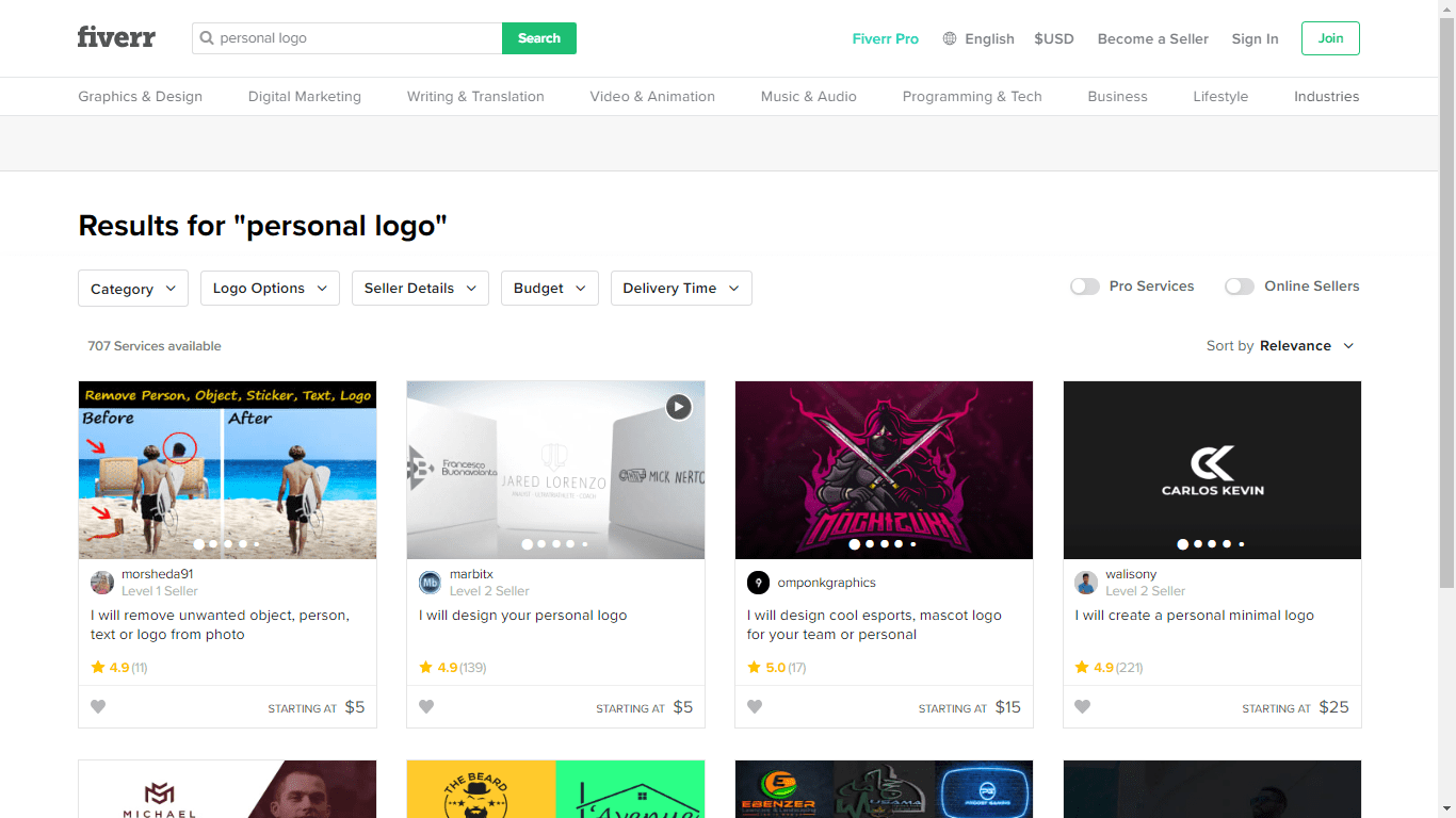 Fiverr screenshot - Personal logo designers