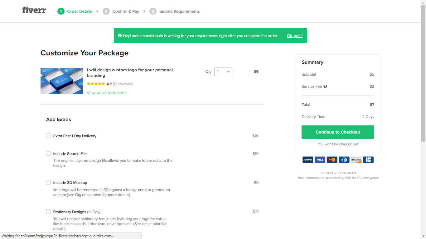 Fiverr screenshot - Order now