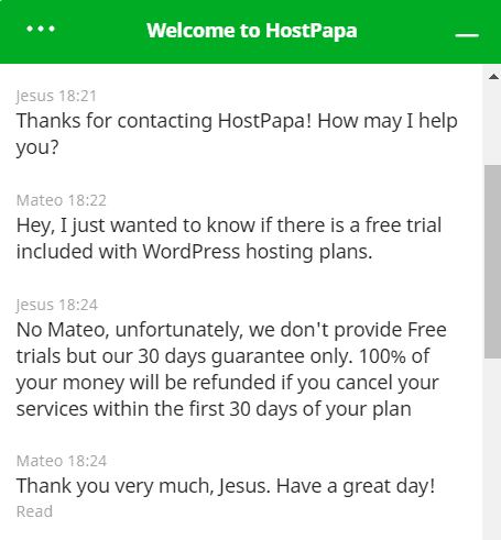 HostPapa's live chat support